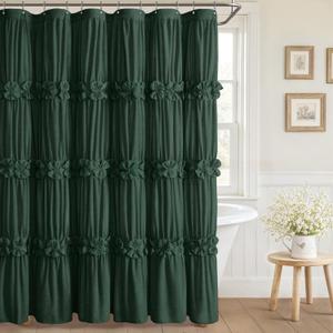 Ruffle Shower Curtain with Handmade Bow Tie, Dark Green Linen Vintage Farmhouse Shower Curtain for Bathroom, 72" W x 72" H