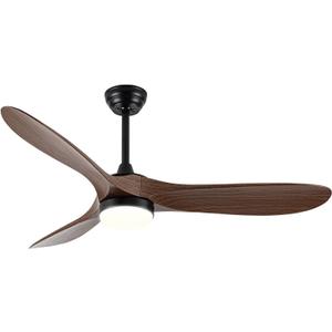 52 Inch Ceiling Fan with Light, Remote Control, Reversible DC Motor, Stepless Dimming, Noiseless, Energy-Efficient for Indoor and Outdoor Use, Woodgrain Finish