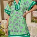 Wenrine Womens Summer Puff Sleeve Casual V Neck Mini Boho Floral Dresses (Green)
