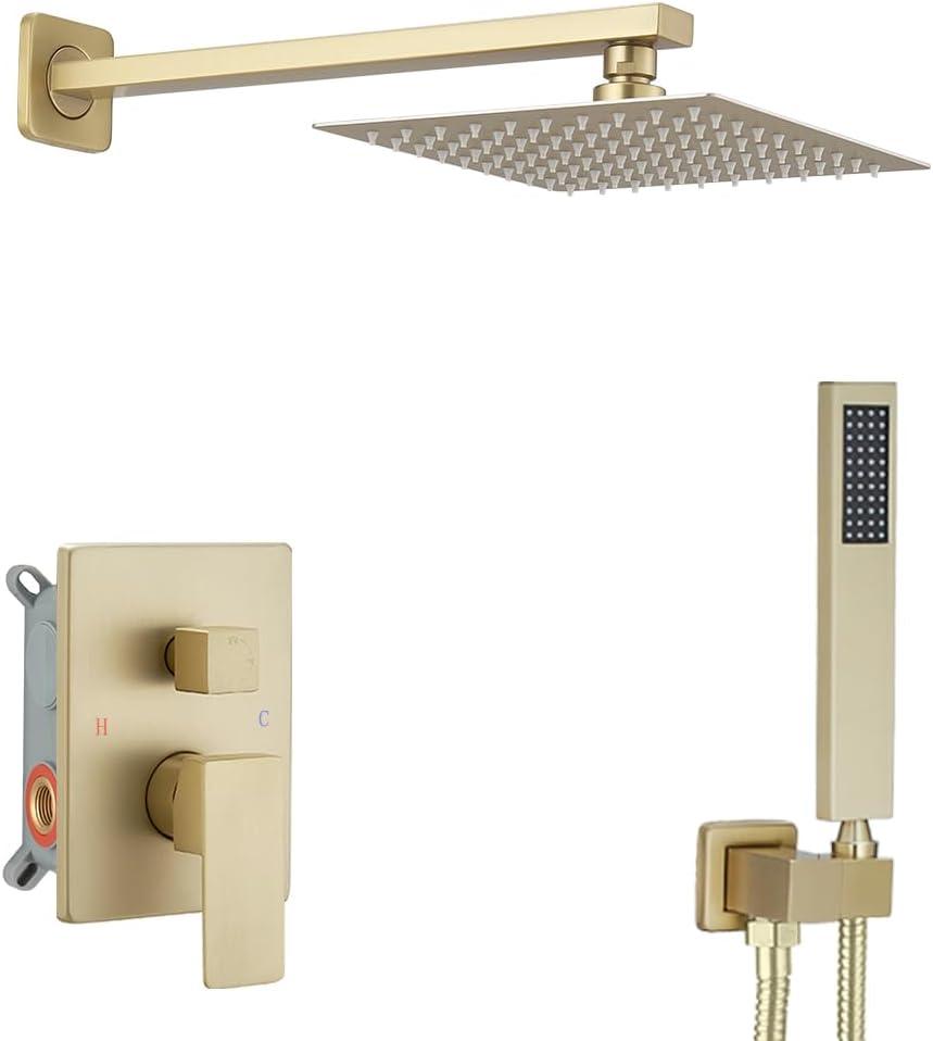 Brushed Gold Shower System Bathroom Luxury Rain Mixer Shower Combo Set Wall Mounted Rainfall Shower Head System Shower Faucet Rough-in Valve Body and Trim Kit