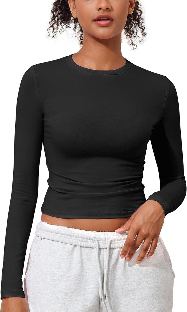 Women's Basic Long Sleeve Cotton Shirts Tight Fit Fall Crewneck Trendy Y2K Crop Tops (Medium, Black)