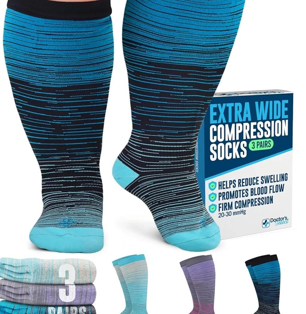 Doctor's Select 3 Pairs Plus Size Compression Socks Wide Calf - Up to 6XL | 20-30 mmHg Compression Socks for Women Wide Calf |Blue, Light Blue, Purple & Pink (Stripes)