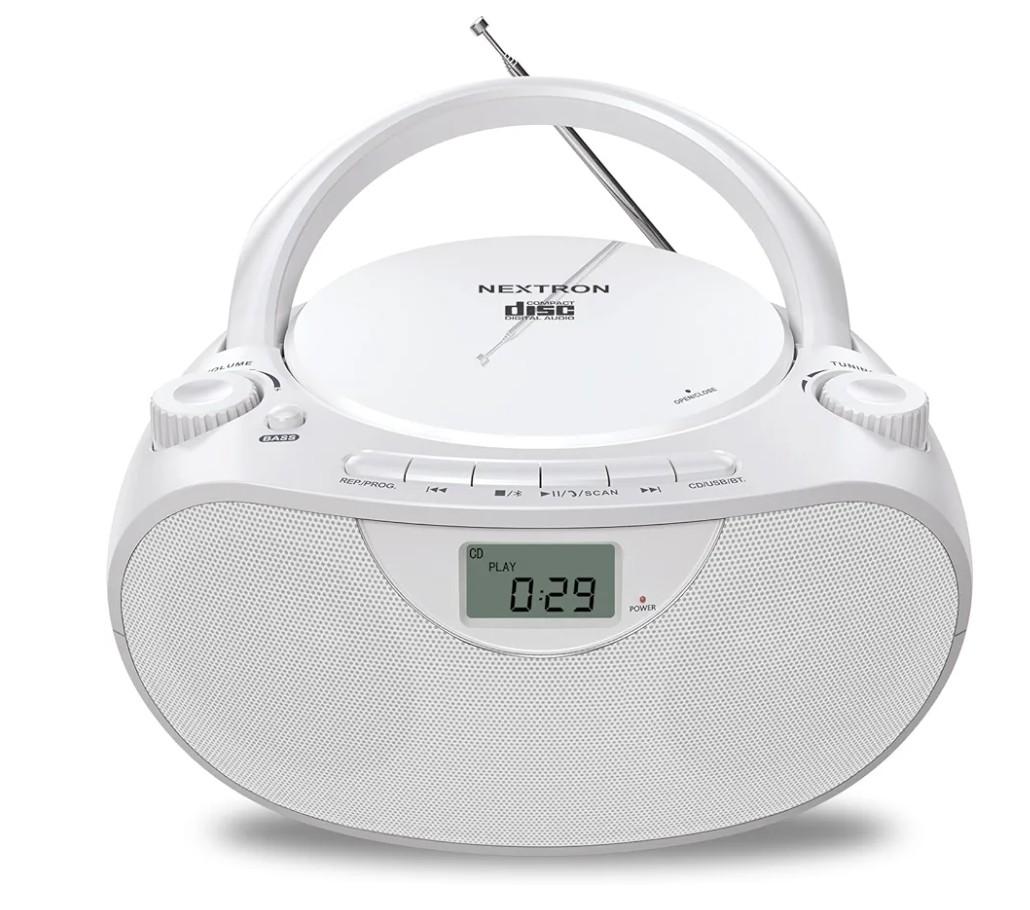 Portable CD Player Bluetooth Boombox with AM/FM Radio, USB, AUX-in, Headphone Jack, CD-R/RW & MP3-CD Compatible, Stereo Sound with Bass Boost, AC/Battery Operated – White