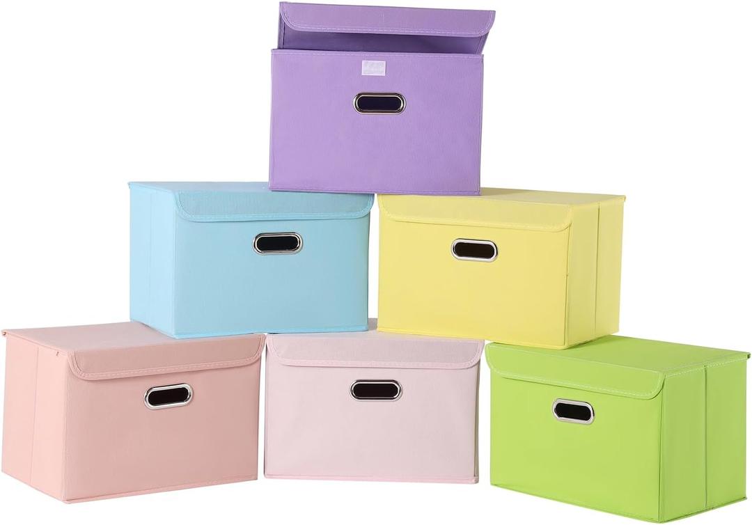 STOREONE Fabric Storage Cube Bins Foldable Organizer Container Collapsible Basket With Lids and Metal Handles, for Home, Bedroom, Closet 6 Pcs (Multicolour)