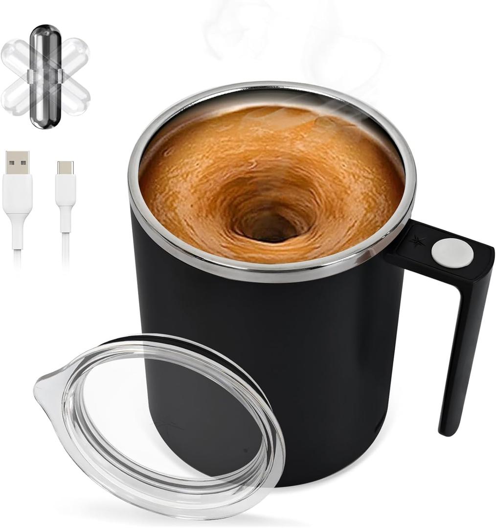 Self Stirring Coffee Mug with Magnetic Mixing, 304 Stainless Steel, Transparent Resin Lid, Automatic Mixing for Coffee, Milk, Hot Chocolate, Home, Office, Travel(Black) (12 OZ)