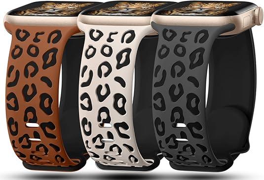 3 Pack Leopard Engraved Bands Compatible with Apple Watch Band 41mm 40mm 38mm 42mm 44mm 45mm 46mm 49mm Women, Soft Silicone Cheetah Embossed Sport Strap for iWatch Series 10 9 8 7 6 5 4 3 2 1 Ultra