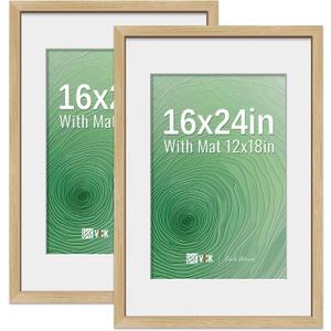 VCK 16x24 Poster Frame 2 Pack - Natural Oak, High-End Wood Picture Frames with Polished Plexiglass, Display 12x18 Photo with Mat or 16x24 without Mat, Art Gallery-Quality, Wall Hanging, Natural Oak