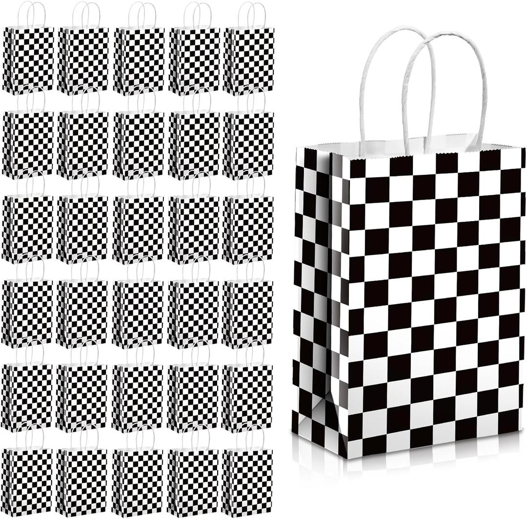 32 Pcs Checkered Racing Treat Bags Race Car Party Favors with Handles Black and White Checkered Flag Candy Goodie Gift Bags for Themed Birthday Party Supplies