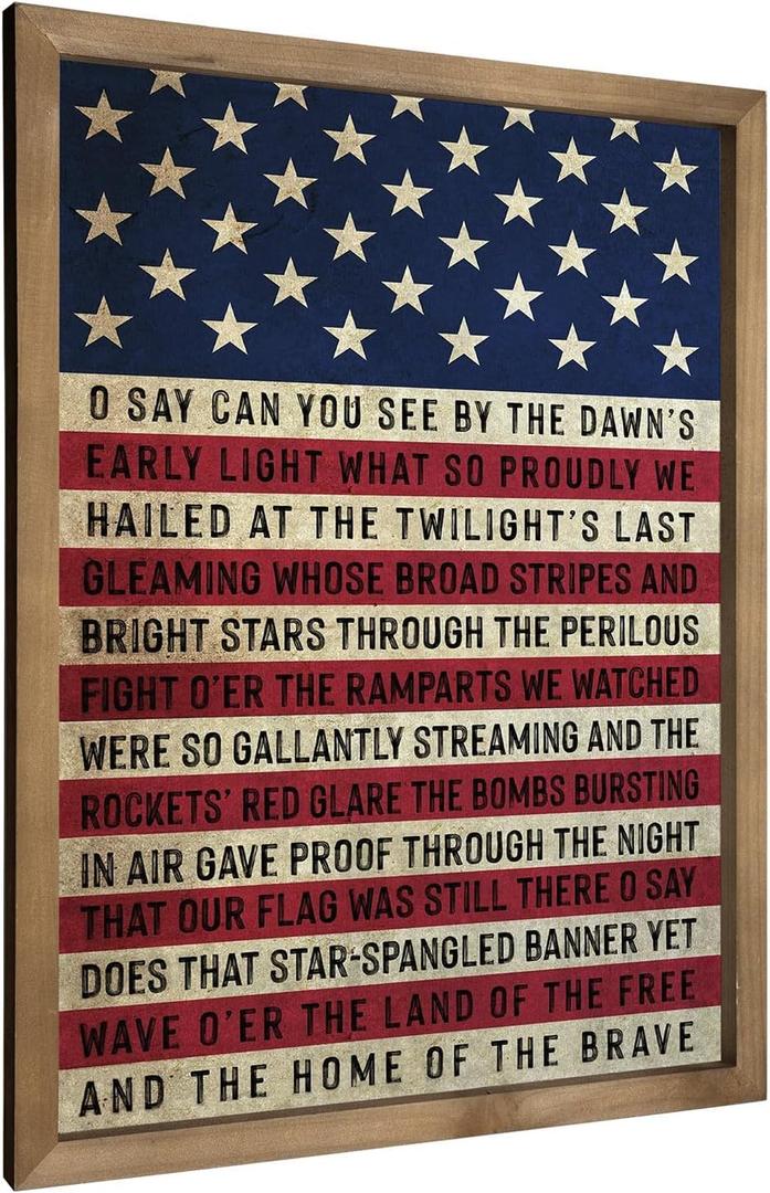 Pechpell Memorial Day 4th of July Patriotic Wall Decor, 15.7"x11.8" Wooden Red White Blue American Flag National Anthem Sign, Americana Independence Day Indoor Office Table Desk Mantel Home Decorations