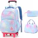 3Pcs Rolling Backpack for Girls Dream Princess Wind Bookbag with Wheels Travel Bag Trolley School Bag with Lunch Box Blue