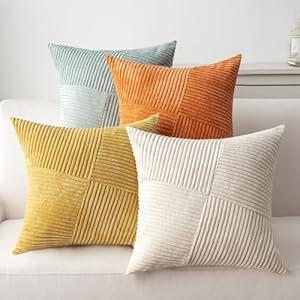 Decorative Throw Pillow Covers 18x18 Inch Set of 4 for Boho Living Room Farmhouse Home Decor, Spring Pillow Covers for Couch Bed, Soft Corduroy Striped Patchwork Cushion Cases, Warm Colors