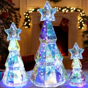 Set of 3 Size Prismatic Iridescent Christmas Trees with LED Lights Holographic Christmas Tree Glow Colorful Lights Prismatic Xmas Decoration for Indoor Outdoor Desktop Decor Holiday Gift