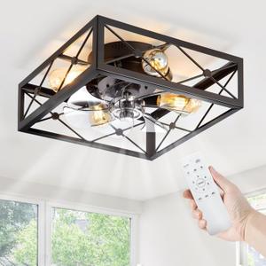 LEDIARY Caged Flush Mount Ceiling Fans with Lights and Remote, Black Square Rustic Low Profile Ceiling Fan, 6 Speed and Reversible, Small Farmhouse Bladeless Ceiling Fan for Bedroom, Kitchen, Indoor