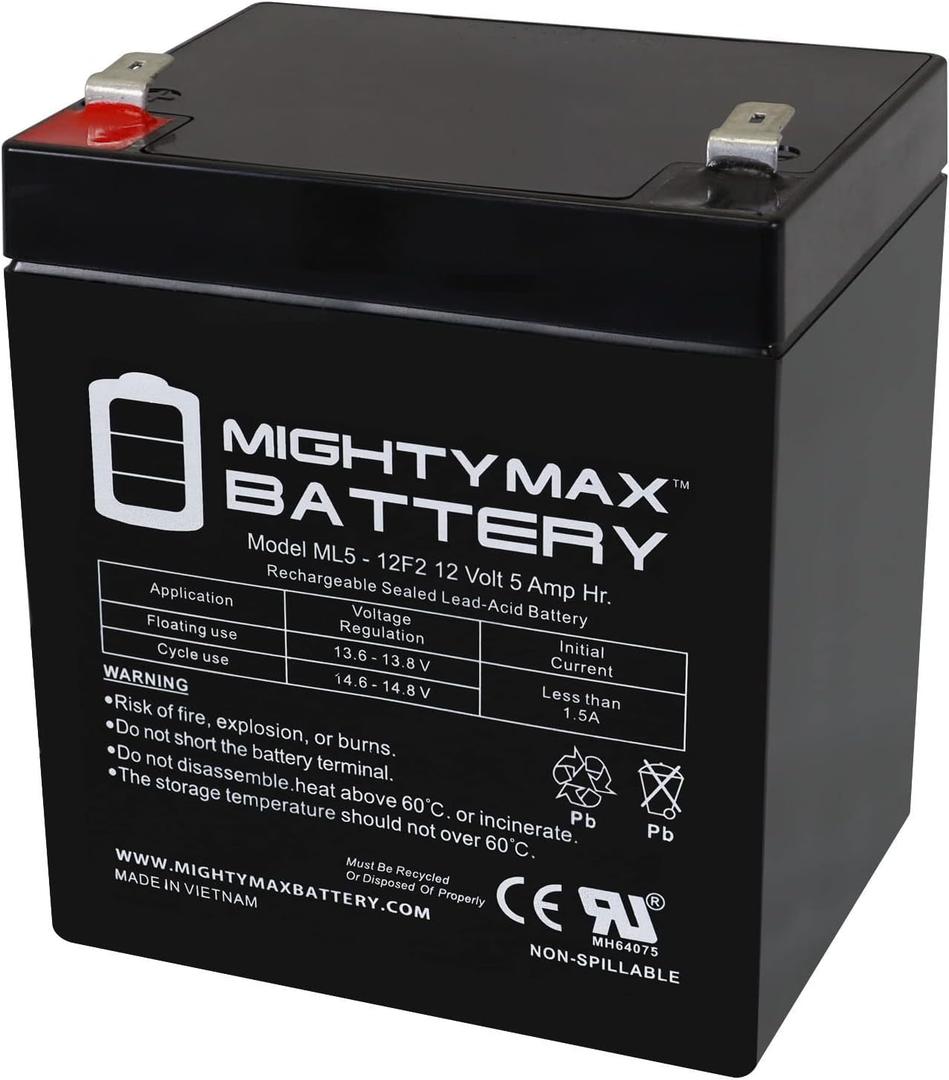 Mighty Max Battery ML5-12F2-12 Volt 5 AH, F2 Terminal, Rechargeable SLA AGM Battery