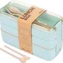 Rarapop Green Stackable Bento Lunch Box Kit, 3-In-1 Compartment Wheat Straw Lunch Containers with Tableware, Reusable On-the-Go Meal and Snack Containers