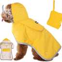 SlowTon Dog Raincoat, Adjustable Dog Rain Jacket Clear Hooded Double Layer, Waterproof Poncho with Reflective Strip Straps and Storage Pocket for Dogs(XS) (Yellow)