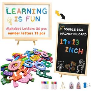 Byvood Double-Sided Magnetic Chalkboard and Whiteboard- Includes Wooden Magnetic Alphabet&Number Letters Kit- Spelling and Learning Toys for Preschool Kids&Toddlers&Children