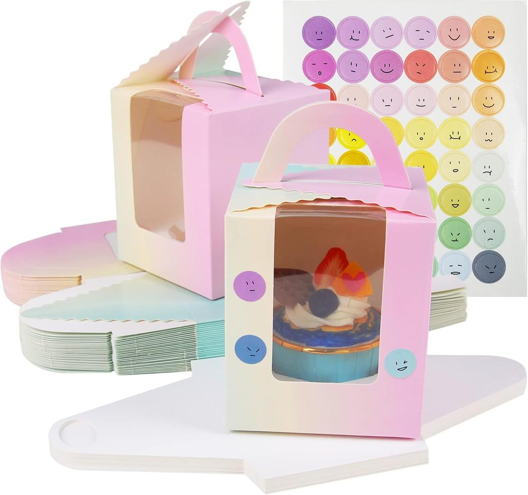 KEYIDO 30 Pcs Individual Cupcake Boxes Gradient Single Cupcake Boxes 1 Hole Cake Box with Clear Window Inserts and 2 Sheets of Stickers for Wedding Birthday Party Favors, 9.4 x 11 cm