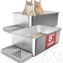 2 Pack 23.6"x 15.7"x 8"Extra Deep & Large Stainless Steel Litter Box for Big Cats, Non-Stick Odorless Metal Litter Pan, XL Kitty Pan Tray with Footboard, Easy Cleaning
