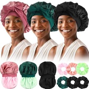 Silicherry 6 Pcs Satin Bonnet Set Include 2 Pcs Silk Bonnets for Sleeping and 3 Pcs Hair Scrunchies Satin Bonnet for Women Double Layer Hair Bonnets Silk Sleeping Cap Elastic Tie Band Cap(Dark)