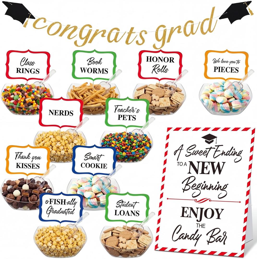 Meanplan 34 Pcs 2026 Graduation Candy Bar Party Decoration Graduation Candy Bar Party Supplies Buffet Plastic Bowls Spoons Congrats Grad Banner Buffet Sign Snack Labels for High School College, Color