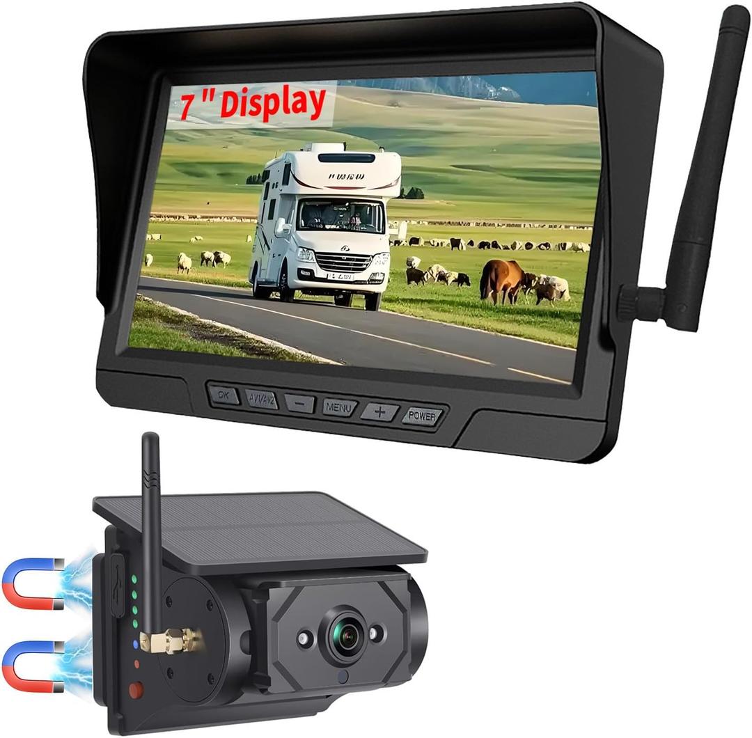 Magnetic Solar Wireless Backup Camera 7 inch Monitor DVR Looping HD 1080P 9600Amh Rechargeable Suitable for Truck Trailer Semi RV Camper Rear View Camera 1 Min Easy Install Scratch-Proof (1 Camera)