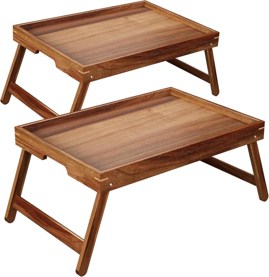 Fibogollo 2 Pack Acacia Wood Bed Tray Table with Folding Legs,Breakfast Trays,Serving Tray for Food and Snack,Laptop Trays for Working(Natural)