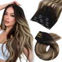 Moresoo Clip in Hair Extensions Real Human Hair Balayage Black to Dark Brown with Caramel Blonde 5pcs 80g Remy Straight Invisible Lace Double Weft Human Hair Clip in Extensions 20inch
