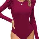 Missufe Women's Crew Neck Ruffle Long Sleeve Bodysuit Ribbed Knit Fitted Basic T Shirt Tops (Medium)