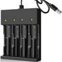 18650 Battery Charger 4 Bay Smart Universal Charger for 3.7V Rechargeable Lithium Li ion Batteries Compatible 18650 26650 21700 10400 14500 16340 16650 18500 Battery Charger (Only USB Charger)