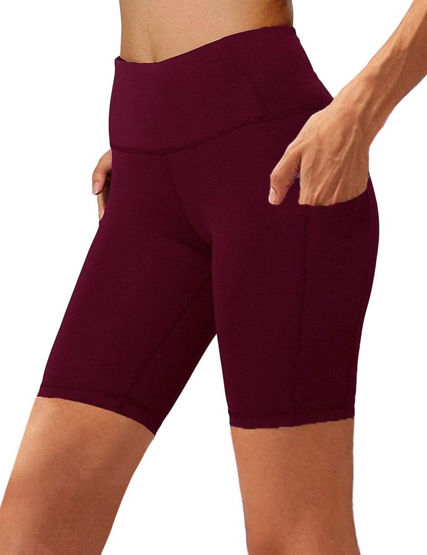 Aoliks Biker Shorts Women with Pockets - 8" High Waisted Tummy Control Running Workout Spandex Gym Volleyball Yoga Shorts (Large, 1 Wine Red)