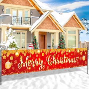 Red Gold Christmas Large Banner Decorations, Xmas Outdoor Indoor Decorations for Merry Christmas Holiday Party Supplies Decor Backdrop Yard Porch Sign Garden Lawn House Fence Garage Outside