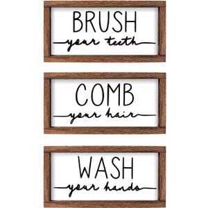 LIBWYS Bathroom Sign & Plaque (Set of 3) Wash Your Hands Brush Your Teeth Comb Your Hair Decorative Rustic Wood Farmhouse Bathroom Wall Decor (White)