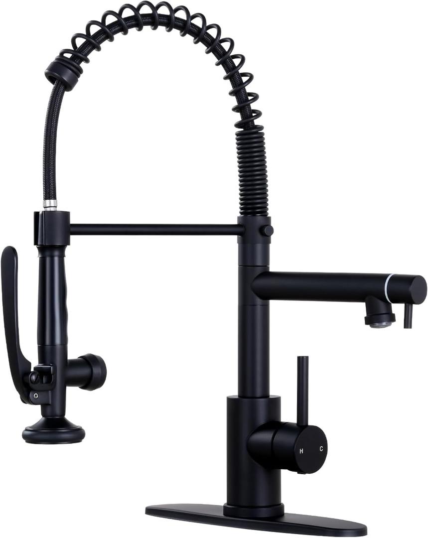 Qomolangma Black Commerical Kitchen Faucet with Pull Down Sprayer, Single Handle Stainless Steel Kitchen Sink Faucet with 2 Spouts, with Lock, Matte Black