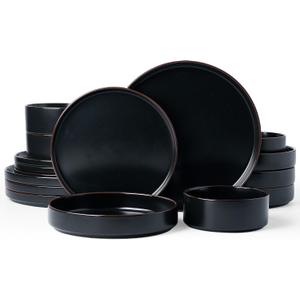 Famiware Nebula Ridge 16-Piece Dinnerware Set with Pasta Bowls, Matte Black