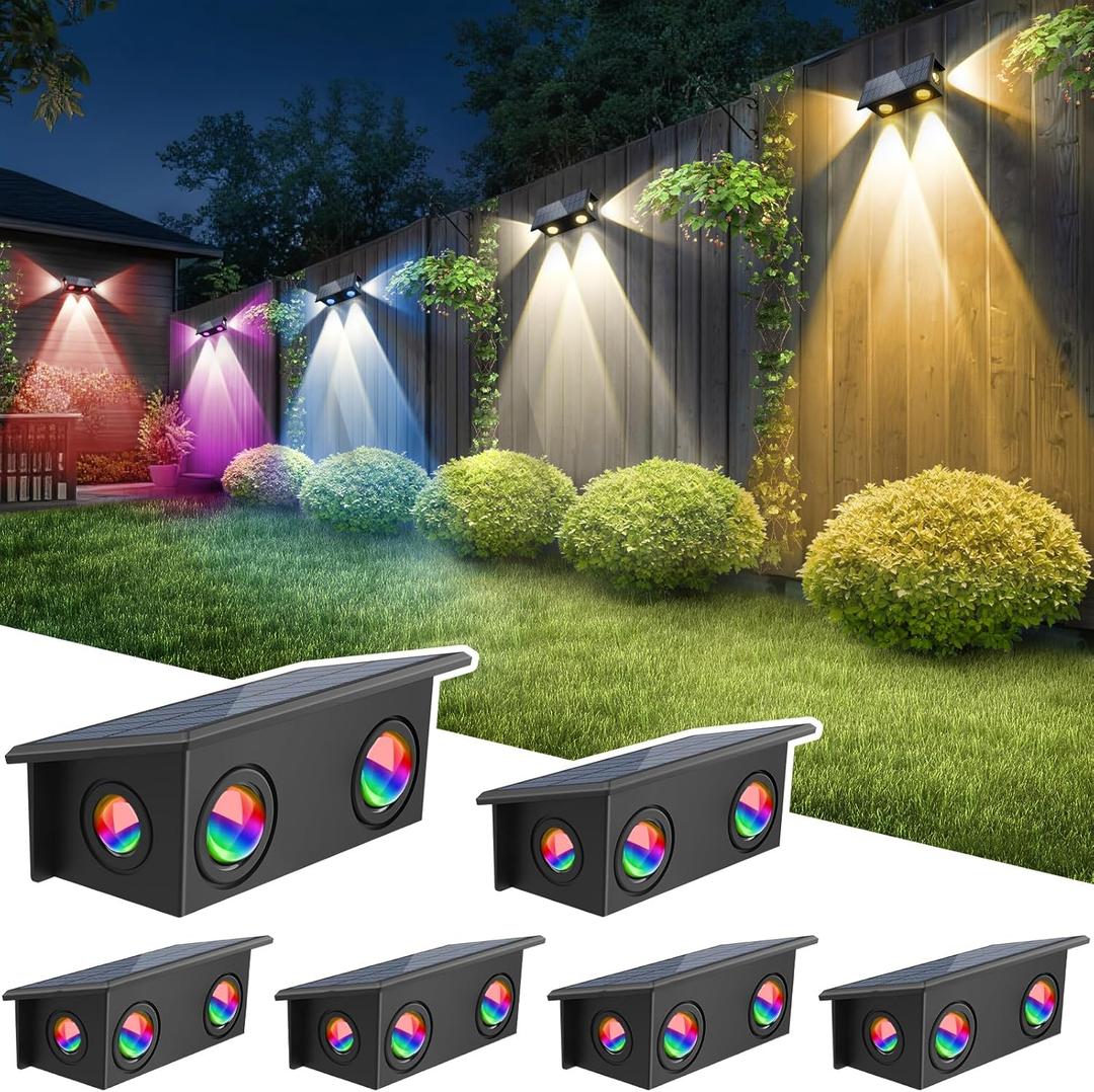 T-SUN Solar Fence Lights Outdoor, 7 Fixed Colors and Color Changing Fence Lights Solar Powered, IP65 Waterproof LED Dusk to Dawn Deck Light for Porch Backyard Wall Step Patio Railing Pool (6 Pack) (RGBW)
