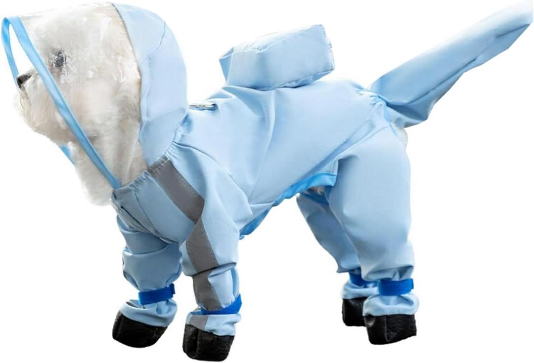Waterproof Dog Raincoat,Full Coverage 4 Legs Dog Rain Jacket for Small Dogs,Pet Rain Coat with Hood,Reflective Strips&Leash Hole Outdoor Raincoat (Mediumfor Weight 5.1-8.1 lb, Blue)