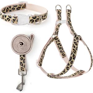 Mile High Life Leopard Dog Harness Collar Leash Set, Adjustable No Pull Dog Halter Harness for Small Breed Dogs, Easy Control for Training Walking (Beige, M Chest 15"-21", Neck 13"-17")