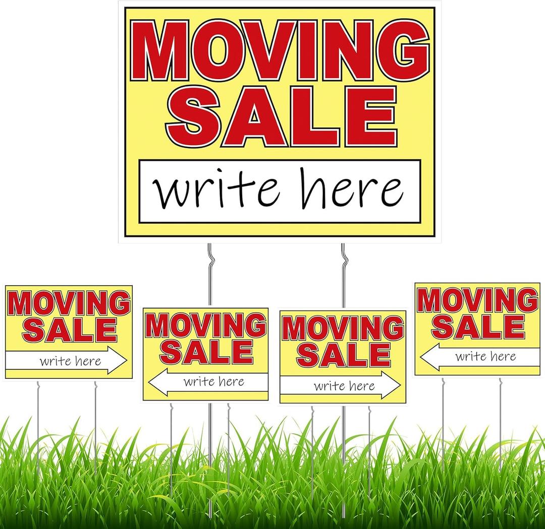 5 Pcs Double Sided Moving Yard Sale Signs 12 x 16'' Waterproof Corrugated Plastic Moving Sale Sign Kit with Stakes, Directional Arrows Yard Supplies for Outdoor Estate Event(Red, Yellow)