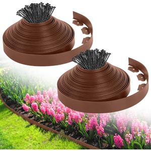 2-Inch x 80 FT Landscape Edging Border with 125 Spikes, Garden Edging Border Lawn Edging Kit, Plastic Edging for Landscape Flexible for Garden Flower Beds Lawn Yard Pathway (Brown)