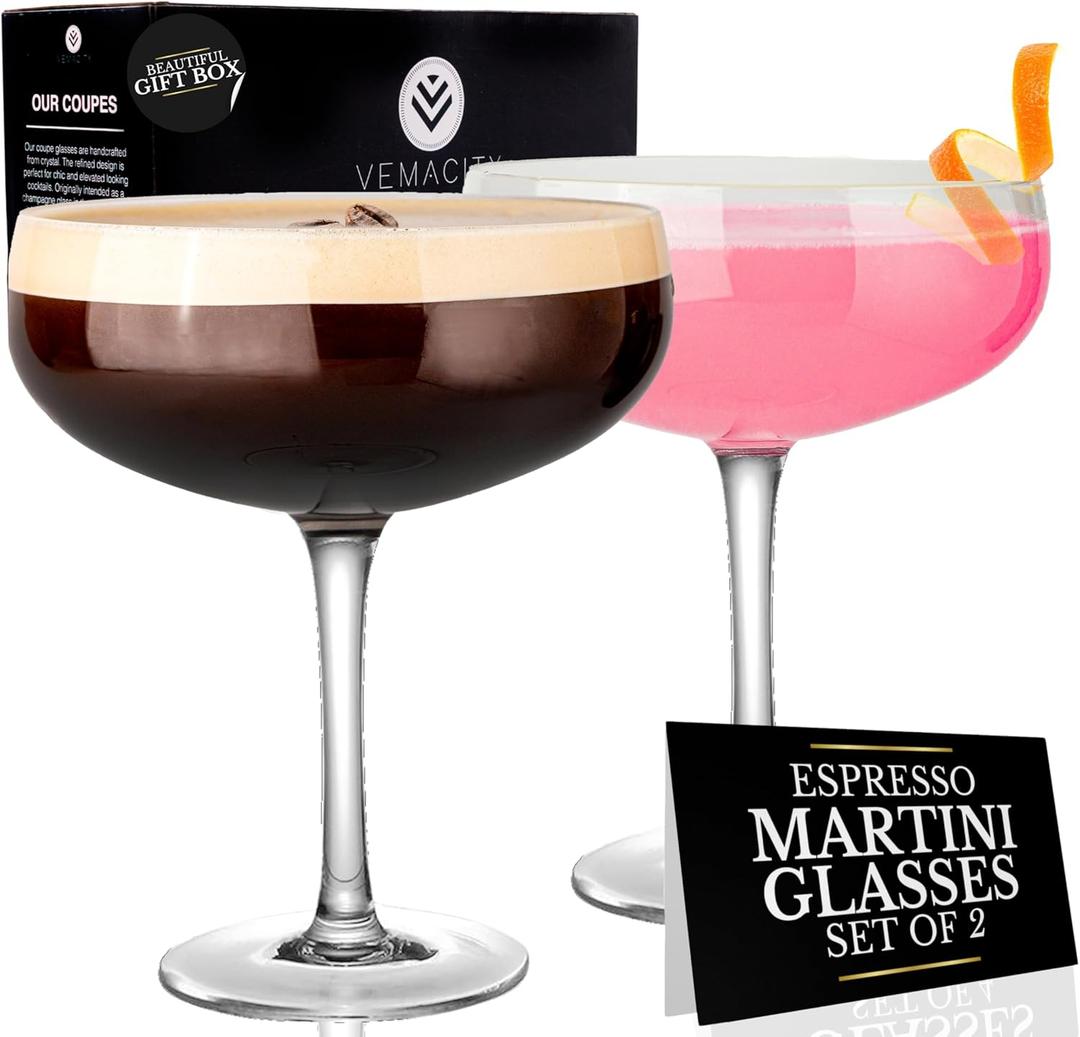 VEMACITY Elegant Espresso Martini Glasses Set of 2 | Classic Coupe Glasses Set of 2 (10oz) | Versatile Coupe Martini Glassware | Great for Champagne, Cosmopolitan, Cosmo, Margarita Glass Sets.