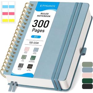 EMSHOI Spiral Notebook College Ruled, Large B5 300 Numbered Pages Leather Hardcover Lined Journal with Ruler, PVC Pocket, Pen Holder & Bookmark, for Work School Writing, 7.48"x10.15", Gray Blue