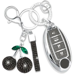 Sparkly Key Fob Cover with Cherry Keychain, Bling TPU Smart Key Case for Women, Compatible with Nissan Altima Murano Juke Sentra Rogue Pathfinder Titan Maxima Kicks (4-Button, Black)