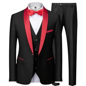 Mens Suit 3 Piece Slim Fit Suits for Men Wedding Prom Tuxedo for Men Formal Business Suit (Black Red, 2XL)