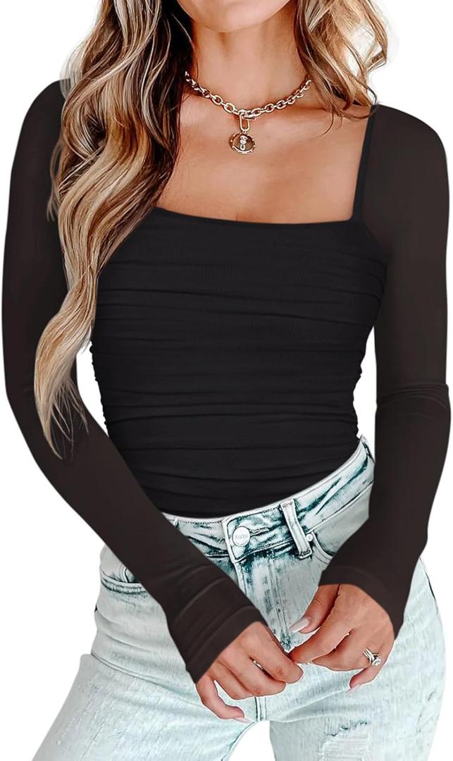 PINKMSTYLE Womens Square Neck Mesh Long Sleeve Bodysuit Shapewear Corset Tops Sexy Concert Outfits Party Shirts (Medium, Black)