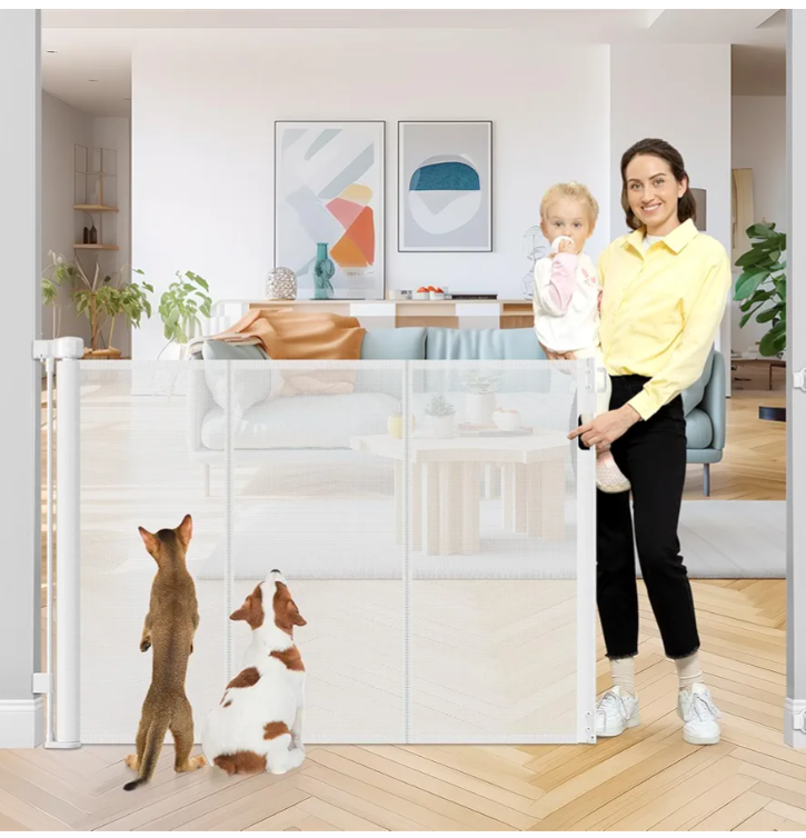42 Inch Extra Tall Retractable Baby Gates with Reinforced Strips 55 Inch Wide Outdoor Retractable Dog Gate No Sag Extra Tall Baby Gate for Doorway Anti-Scratch Mesh Gates for Kids or Pets, White