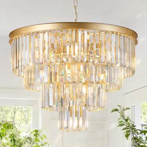 Gold Crystal Chandeliers 24” Modern Large Chandeliers Luxury 4-Tier 12 Lights K9 Crystal Round Ceiling Pendant Light Fixture Contemporary for Dining Room Foyer Staircase Living Room