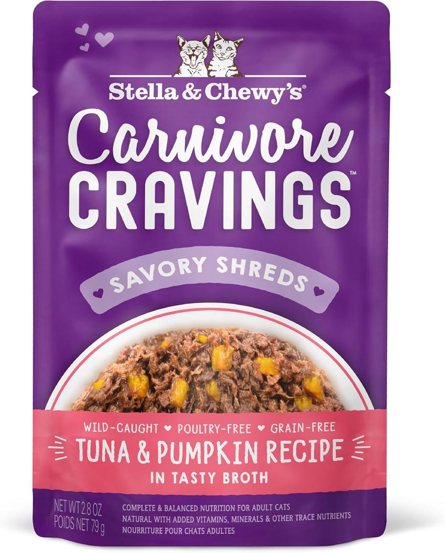 Stella & Chewys Carnivore Cravings Wet Cat Food - Premium Pouches - Grain Free, High Protein Tuna & Pumpkin - Perfect for Picky Eaters - Complete Meal or Topper (2.8 oz, 12 Pack) (EXP 05/24/27)