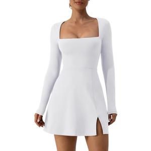 QINSEN Womens Square Neck Bodice Dress Long Sleeve Side Slit Flare Mini Dresses (Medium, White)