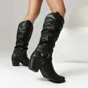 UTIKLIOU Women's Knee High Boots Wide Calf Slouchy Boots Low Heel Pull On Round Toe (6, Black-1)